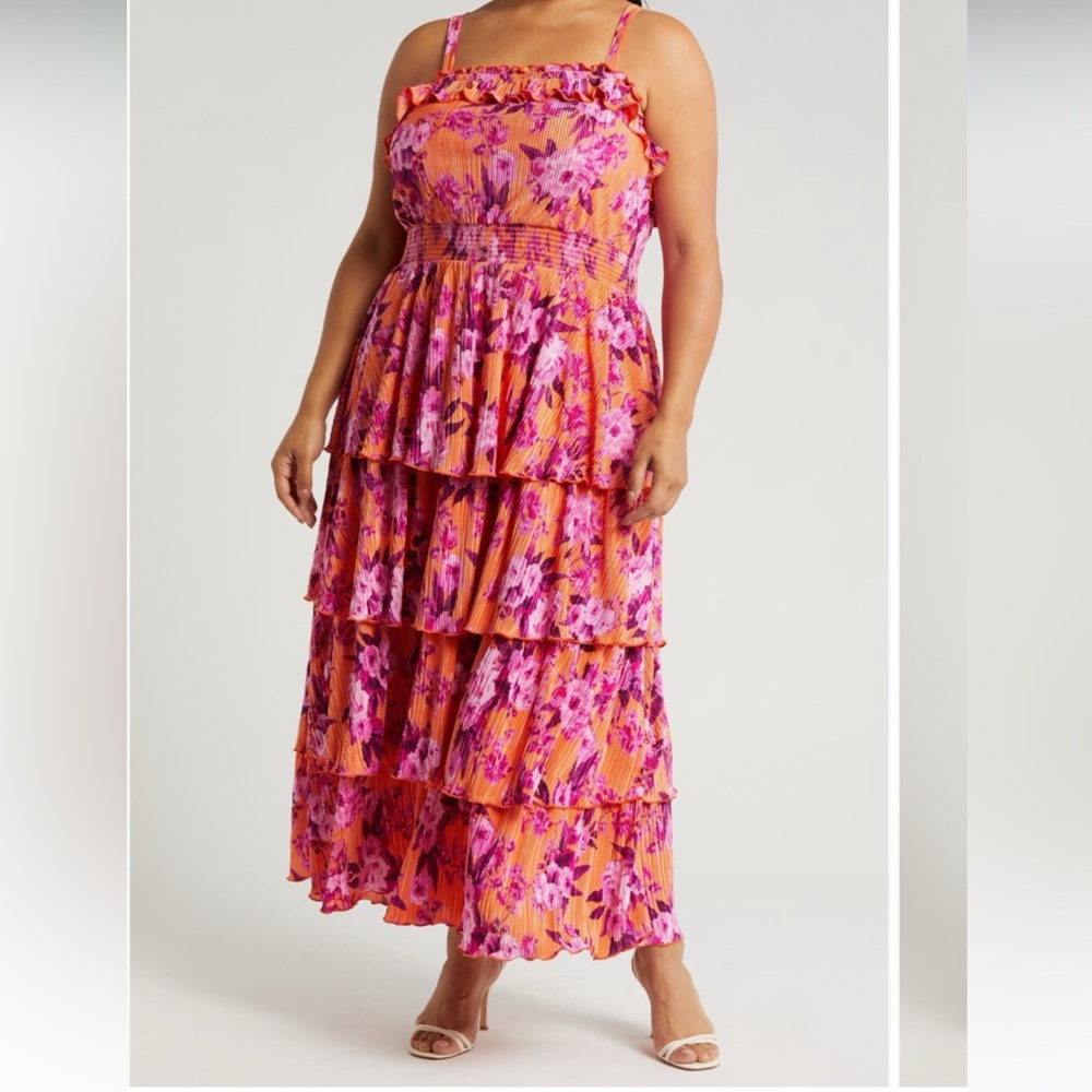 Cheslea28 Floral Tiered Maxi Dress - Pink and Orange